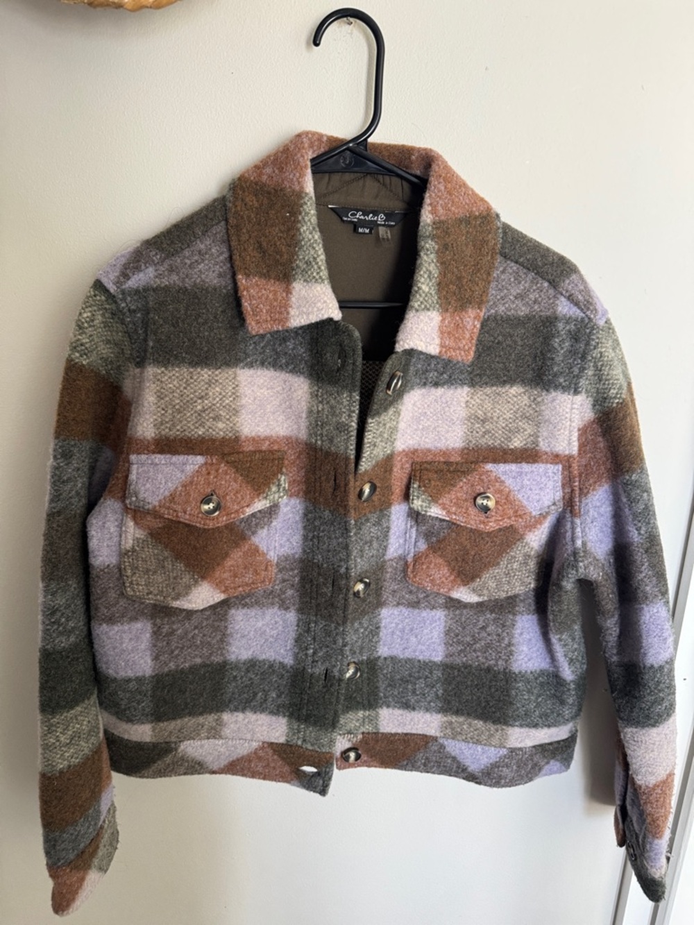 Charlie B Plaid Wool-Blend Button Front Jacket - Olive, Brown, Lavender